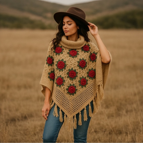 Free People Sweaters - Crochet Knit Shawl Poncho with Rose Appliqué